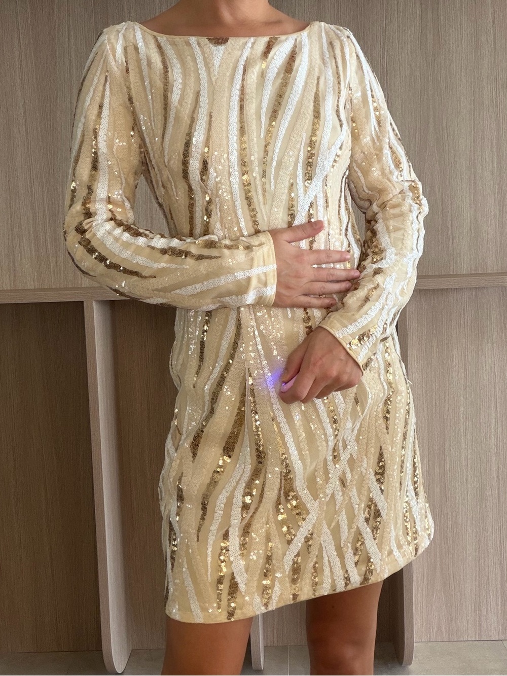 Sequined Boatneck Long-Sleeve Mini Dress in Champagne